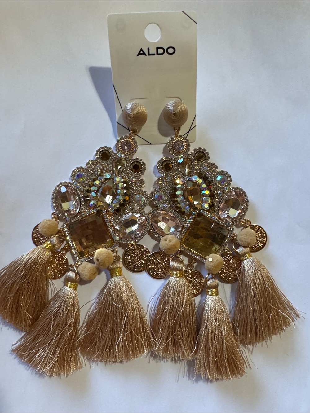 ALDO Champagne Gold Crystal Tassel Statement Earrings